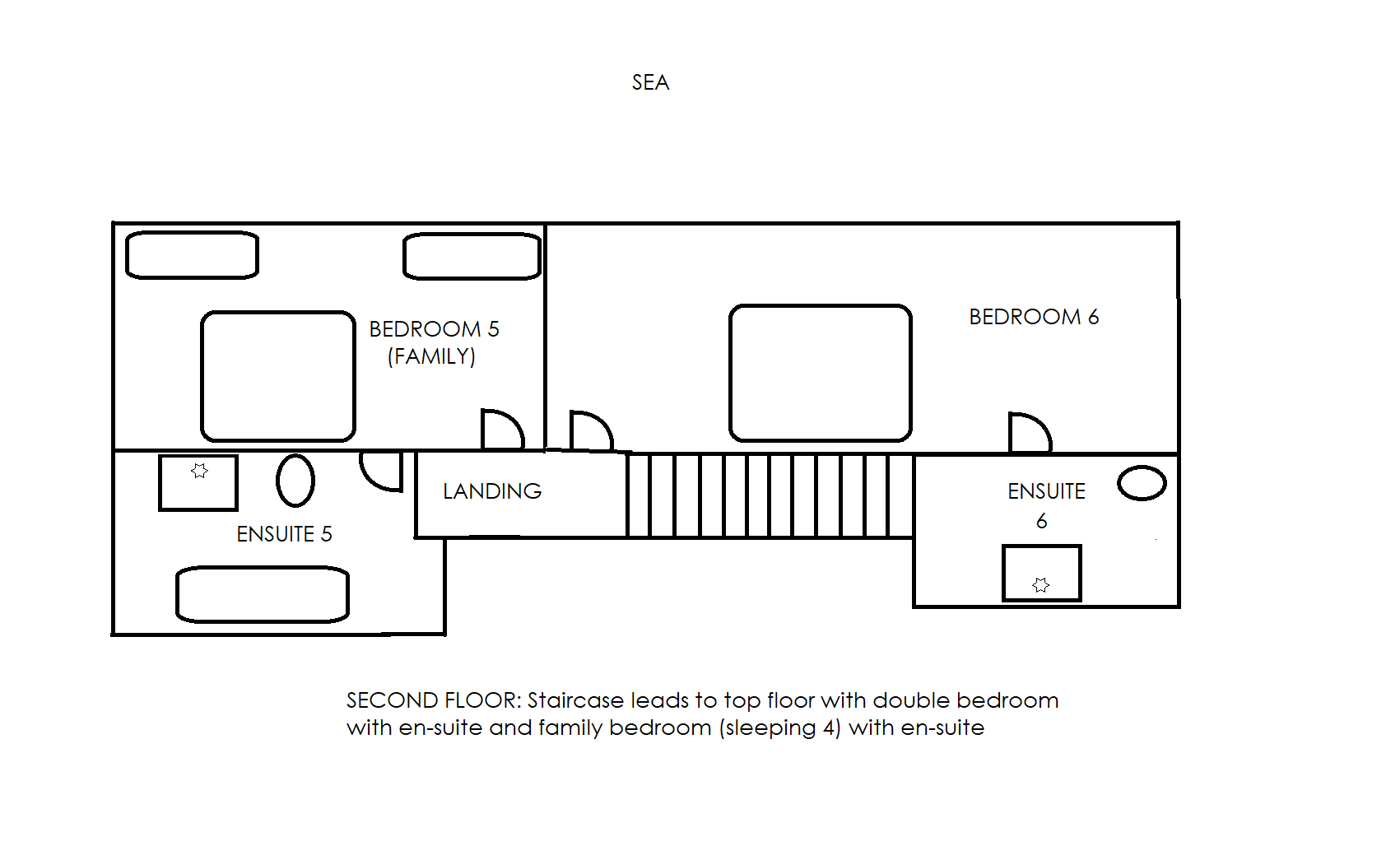 Second floor. 2 bedrooms, 2 bathrooms. Not to scale.
